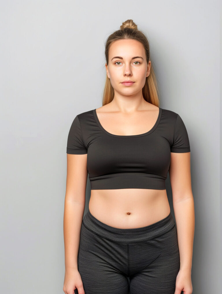 Woman posing before and after weight loss. Diet and healthy nutrition. Fitness results, get fit. Liposuction results, plastic surgery. Overweight and slim, training. Transformation from fat to athlete